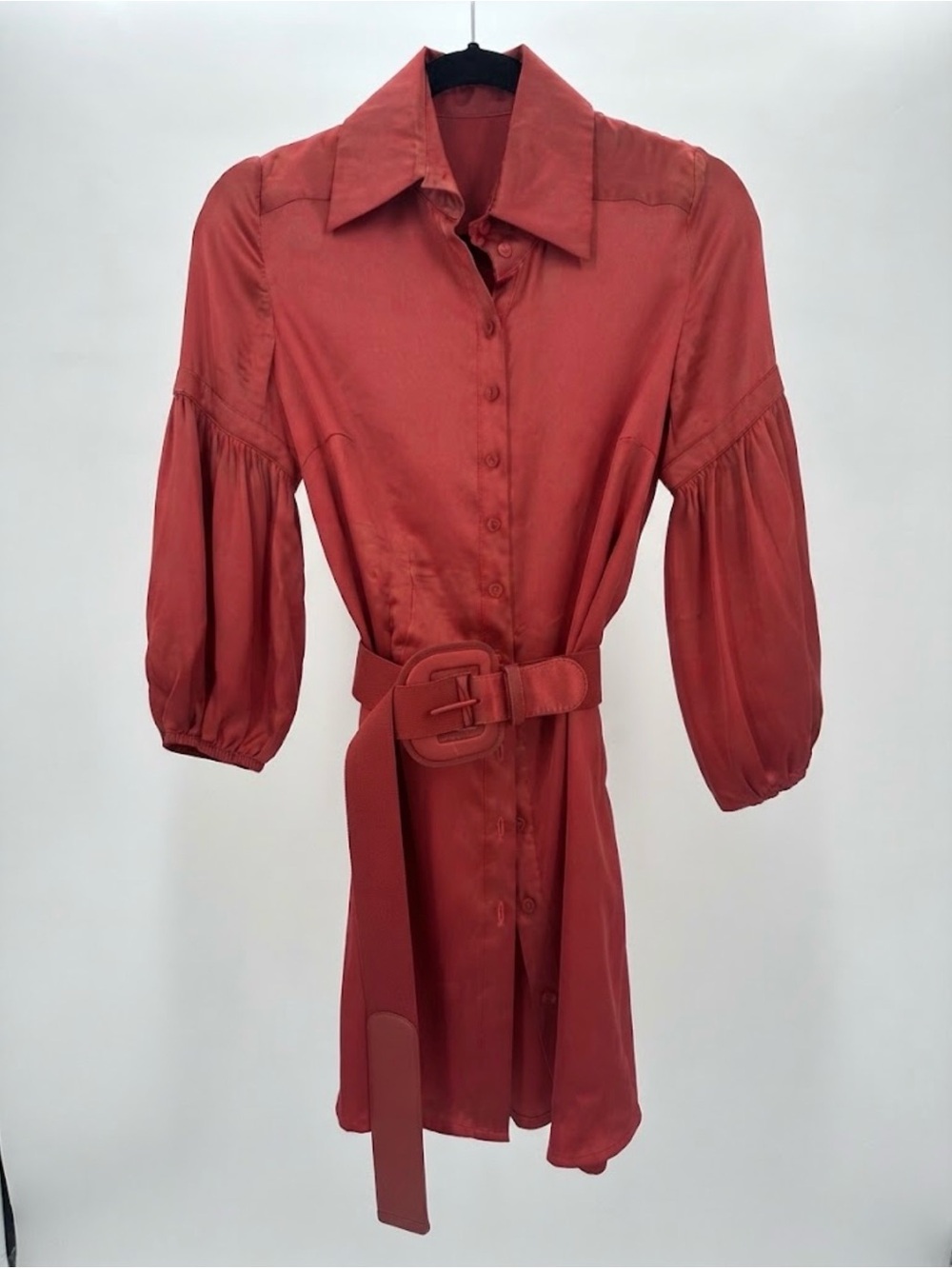 Bebe Red Silk Button-Front Belted Blouse